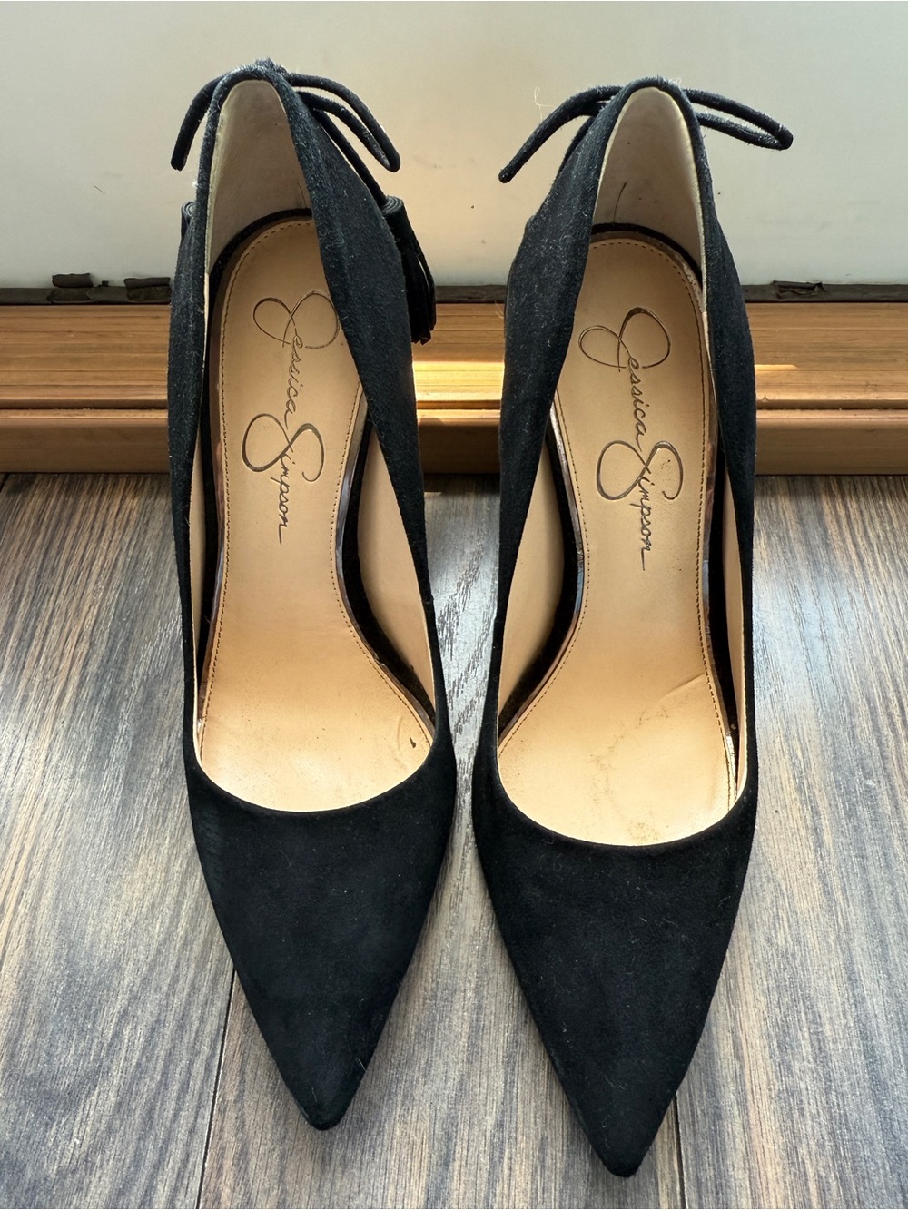 Jessica Simpson Black Suede Pointed Toe Pumps with Heel Bow